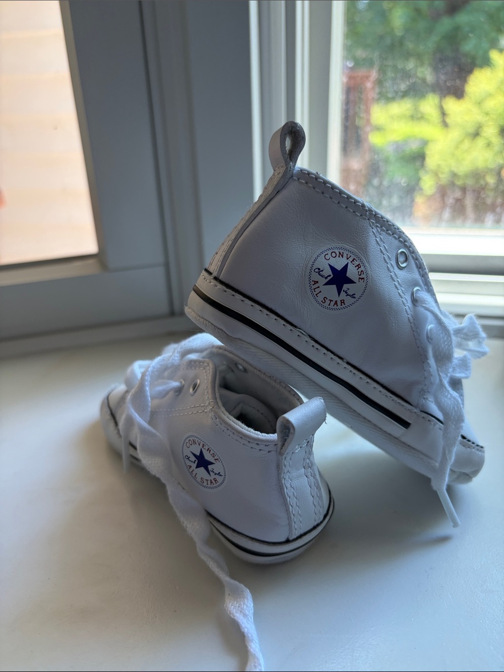 Converse White Leather Baby Sneakers with Navy Star